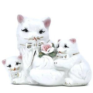 Vtg 60s Kitty Kitsch White Gold Persian Cat W Kittens 4.5" Figurine MCM Decor